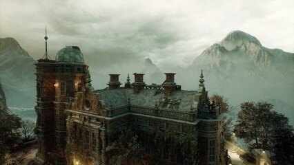 Ornate manor rooftop with brass details and gears, dusk light and patina, industrial accents blended with classic architecture, warm lanterns and textured © icetray