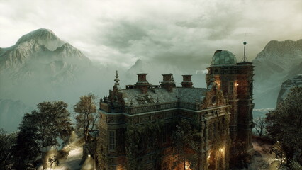 Grand rooftop panorama under overcast sky, elaborate cornices and domes frame distant peaks, muted light enhances texture and scale, stately architectural © icetray