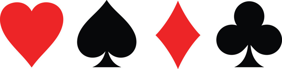 Playing card suits icons hearts spades diamonds clubs, red and black symbols for casino games, gambling illustration, poker design, card game elements vector art