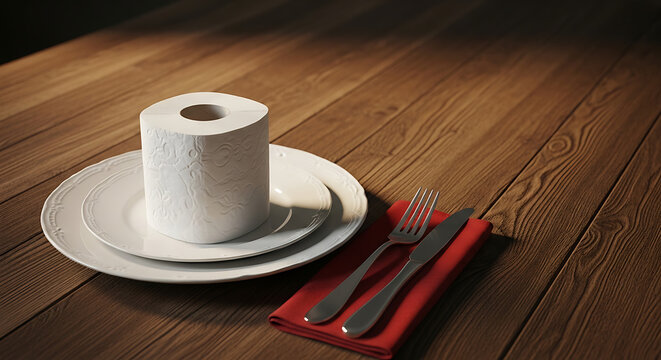 Toilet paper roll on plate with cutlery, april fools day prank food presentation, funny unexpected meal
