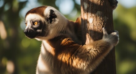 Fototapeta premium Ring tailed lemur clinging to tree trunk in natural habitat