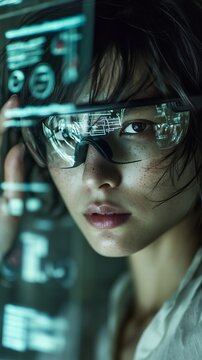 Young woman wearing futuristic glasses with glowing holographic data