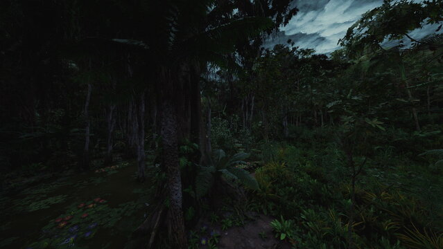 dense canopy approach with narrow earthen path and low light filtering through branches, wet ground and shadow pockets creating moody texture suggests stealthy