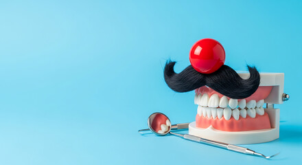 Funny fake mustache and red clown nose on human jaw model with dental mirror and probe on blue background