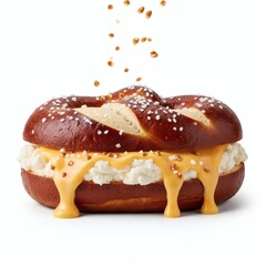 Delicious pretzel sandwich with melted cheese and salt sprinkles