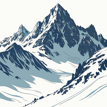 Snowy mountain range landscape with rugged peaks and slopes
