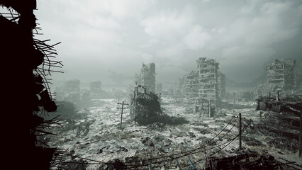 bleak ruined city skyline overcast sky, collapsed skyscrapers and endless rubble fill horizon, drifting smoke and low clouds create mournful atmosphere, silence © icetray