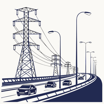 Electric power transmission towers and streetlights along a highway with cars driving on it