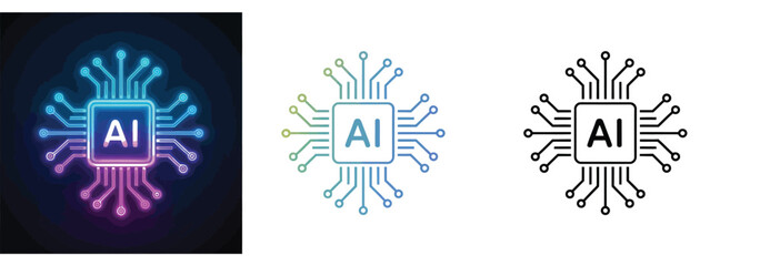 Glowing neon artificial intelligence processor chip icon with circuit lines, representing future tech.