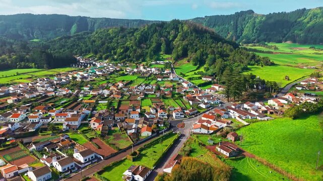 Aerial View of Sete Cidades Village and Sao Nicolau Church Azores