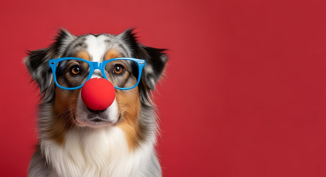 Cute australian shepherd dog wearing blue glasses and a red clown nose against a bright red background