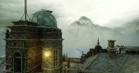 lit rooftop observatory tower beneath golden dusk. warm light bathes brass fittings and weathered stone, dome silhouette stands against amber clouds, distant © icetray