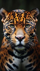 Obraz premium The attentive gaze of the jaguar with its expressive colouring conveys the power of wild nature — an appropriate backdrop for environmental projects or documentaries.