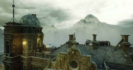 aerial panorama of misty alpine castle, sweeping rooftop lines and distant turret silhouettes, low clouds drifting across mountain ridge, cinematic scale © icetray