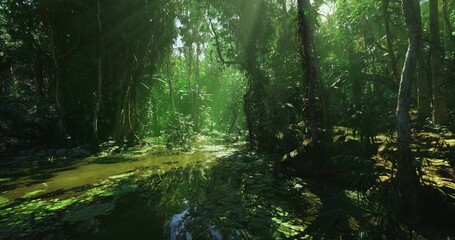 Obraz premium sunlit forest clearing with glowing golden beams and small reflective pond, calm glade offers meditative retreat setting for wellness and nature therapy, warm