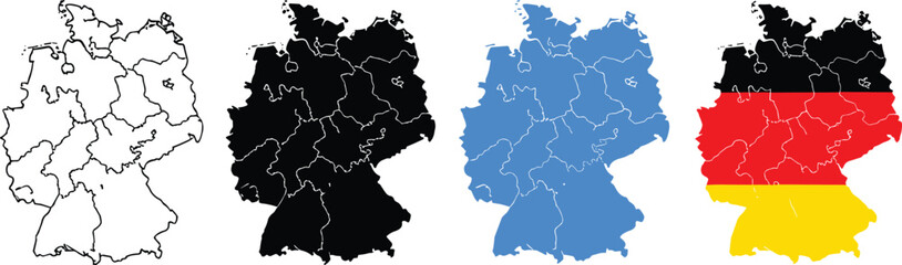 Germany Map Set Featuring Outline Solid Blue and National Flag Colors with State Borders for European Travel Geography Education and Vector Graphic Design Projects