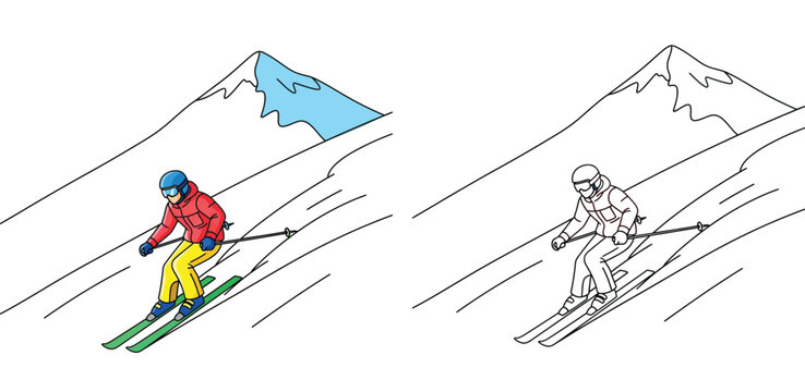 Winter sport vector illustration of a skier sliding down a snowy mountain. Features both full-color design and black-and-white line art outline perfect for coloring book pages.