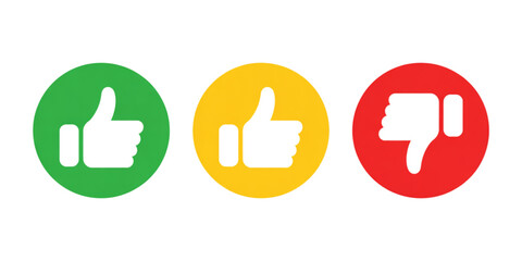 Three colorful thumbs up, thumbs neutral, and thumbs down icons representing likes, neutral, and dislikes Vector © Sofiqul