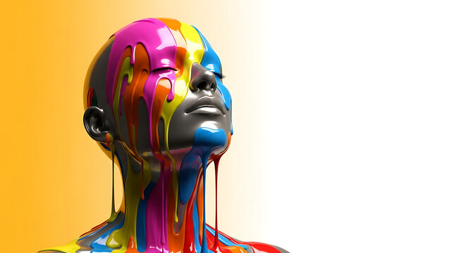Colorful paint dripping over abstract human head and shoulders, vibrant artistic expression, creative concept