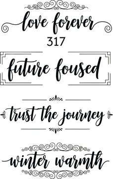 Elegant calligraphy phrases on a white background with decorative borders