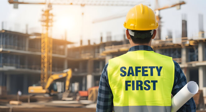 Construction worker wearing safety vest on building site