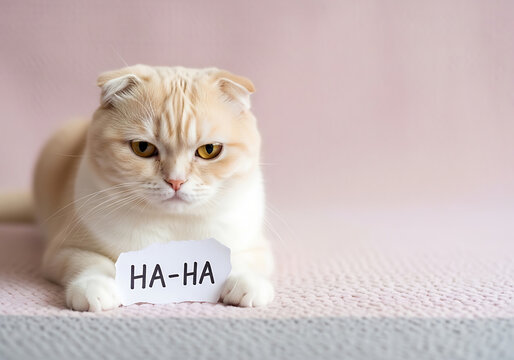 Cute cat sitting on carpet with paper note saying haha for april fools day prank showing grumpy expression on pink and grey background indoor setting
