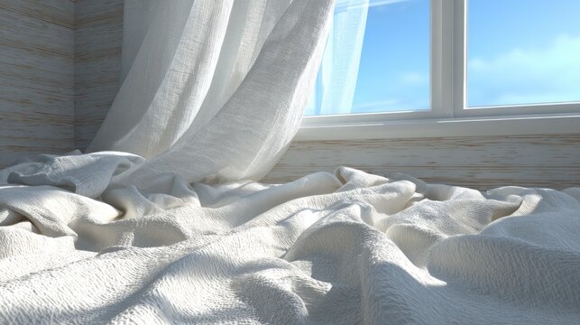 Soft white bed with sunlight and a window with a blue sky background.