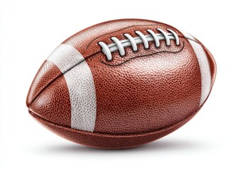 Fototapeta premium Textured brown oval ball with white stripes and laces, on a white background