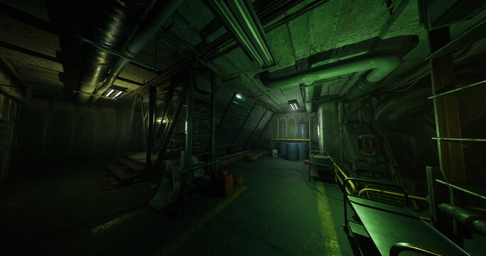 green industrial maintenance hub featuring control console, overhead pipes, hanging cables, safety stripes, distant service elevator, humid air, cinematic