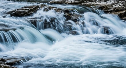 Rapidly flowing water cascades over dark, wet rocks in a natural stream