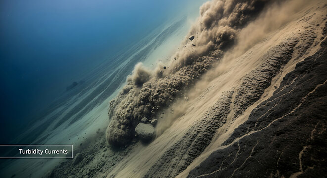 Underwater Landslide with Turbidity Currents Flowing Down Sandy Seafloor, Showing Sediment, Ocean, Erosion, and Geological Activity from a Submerged Viewpoint
