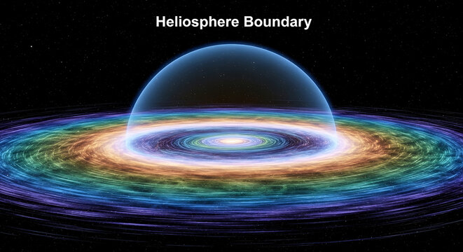Cosmic phenomenon illustrating the heliosphere boundary in a vibrant, swirling illustration