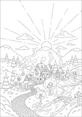 Obraz premium Quaint village scene with charming houses and winding path surrounded by trees and rolling hills under a sunny sky vector graphic illustration