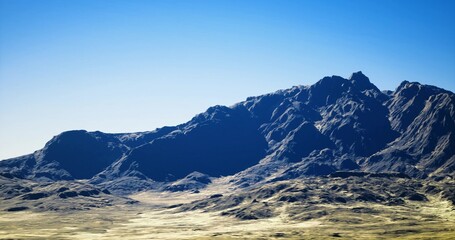 Expedition basecamp overlooking jagged mountain range, dusty foreground suggests recent activity, mood of challenge and exploration ideal for outdoor brand © icetray