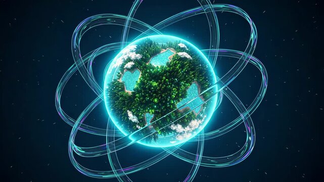 Miniature alien planet with floating light ribbons in space