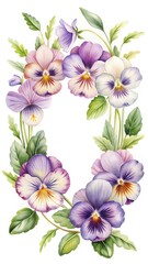 Obraz premium Delicate Watercolor Pansy Wreath with Soft Purple, Lavender, and White Hues
