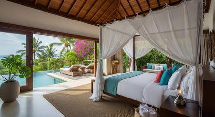 Fototapeta premium Luxurious tropical villa bedroom opens onto private infinity plunge pool deck