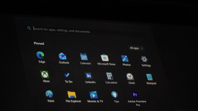 March 7, 2026, Magelang, Indonesia, Close-up of computer screen showing pinned apps on dark background