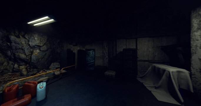 dim storage alcove with fuel cans and covered equipment, stacked pallets and crates, flammable signage and spill stains, atmosphere tense and functional