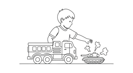 A young boy plays with a toy dump truck and miniature tank © Hasina