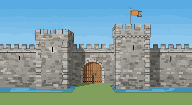 Medieval Castle Gatehouse with Moat and Flag