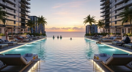 Fototapeta premium Luxurious high rise residential pool deck overlooks the ocean during a tranquil sunset
