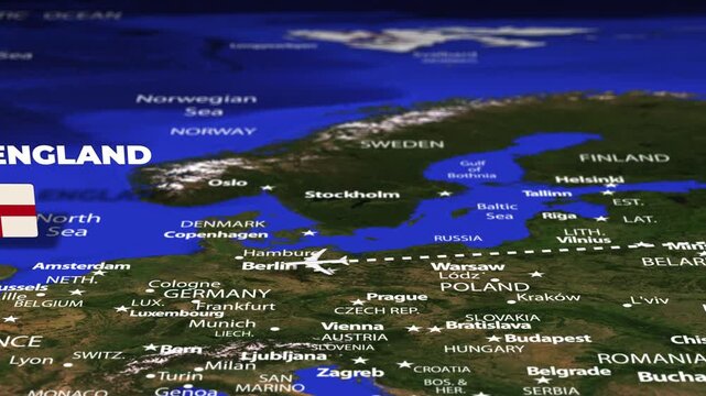 Flight From Moscow RUSSIA to London England with flag pins