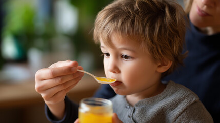 Fototapeta premium Young child receiving liquid medicine from a spoon during a comforting care moment at home, defocused background, childhood healing concept, pediatric medicine, with copy space