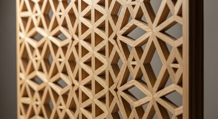 Naklejka premium Intricate geometric latticework crafted from natural wood displays precise craftsmanship.