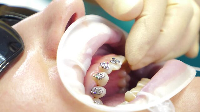 Orthodontist installs arc in ligature braces on patient teeth. Dental treatment for correction of malocclusion. Experient dentist installing bracket system in modern dentistry. 4 k video