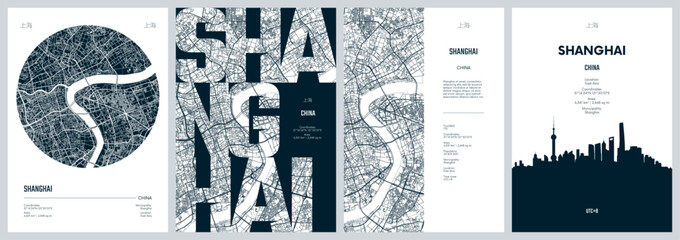 Detailed urban street plan city map, Set of travel posters with Shanghai direct-administered municipality and the most populous urban area in China, Silhouette city skyline, vector artwork © max_776