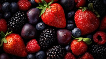 Fototapeta premium Vibrant Assortment of Fresh Berries - Strawberries, Blueberries, Raspberries, and Blackberries.