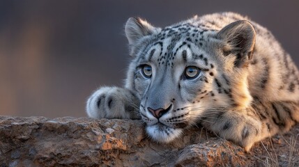 Fototapeta premium Snow leopard rests on weathered stone