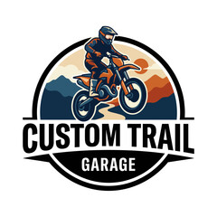 A retro-inspired logo featuring a motocross biker performing an exciting jump against a stunning mountain backdrop, capturing adrenaline and adventure. © Zejun